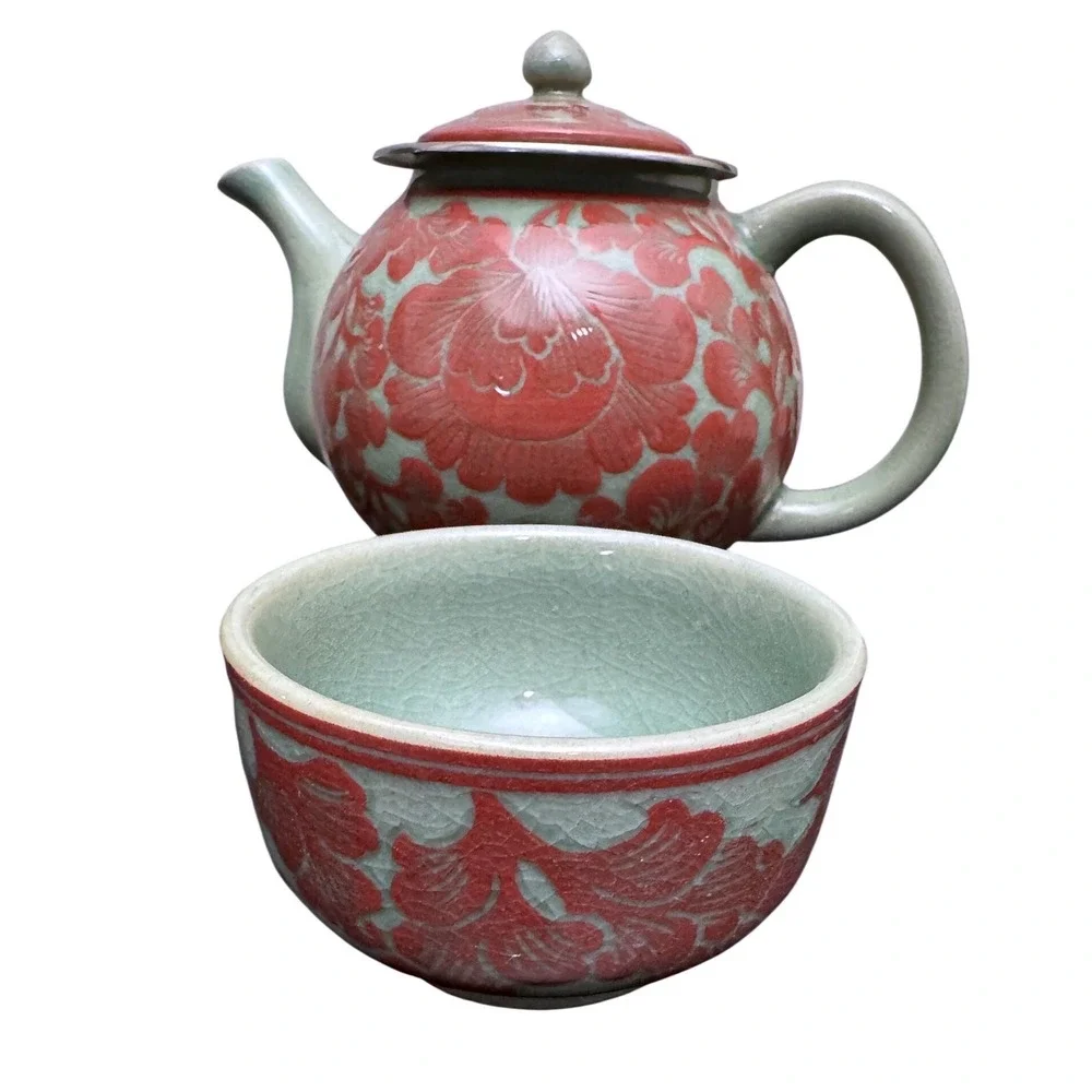 Gianna‎ Tea Set Floral Relief Ceramic Asian Inspired Teapot 3 Cups